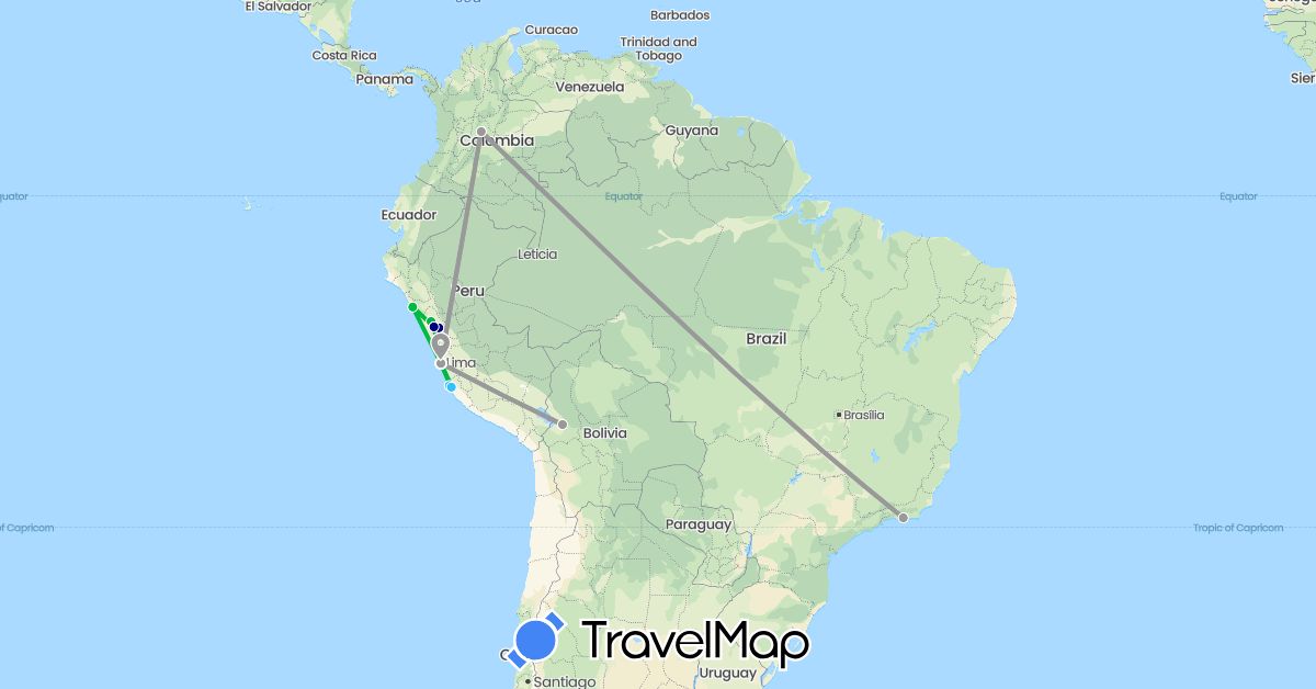 TravelMap itinerary: driving, bus, plane, boat in Bolivia, Brazil, Colombia, Peru (South America)
